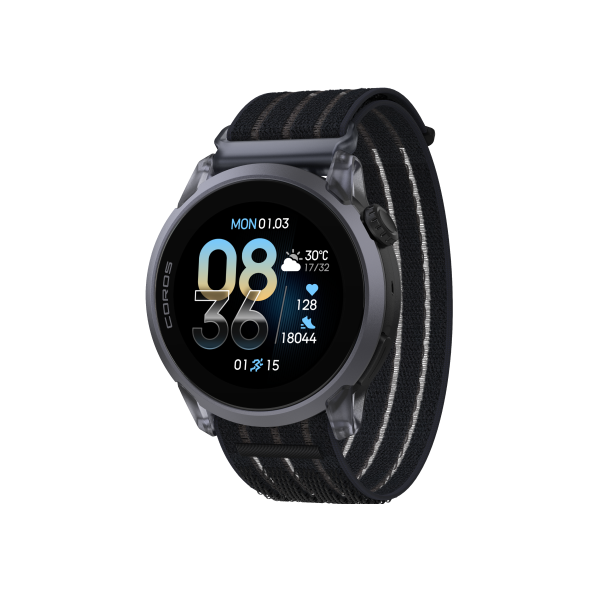 Front three-quarter view of the COROS PACE 4 Black Crystal Watch with a Black Crystal Long Nylon Band